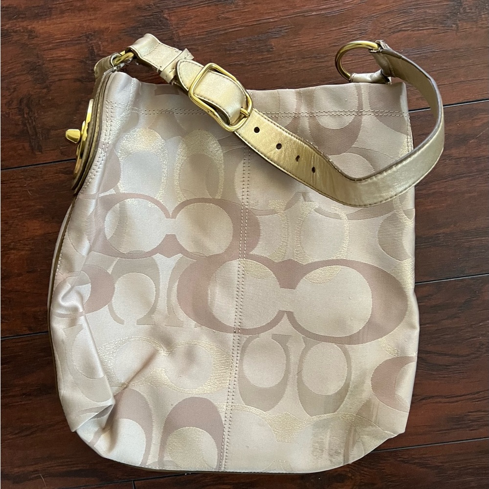 Coach Khaki Gold Signature Bag with gold leather strap